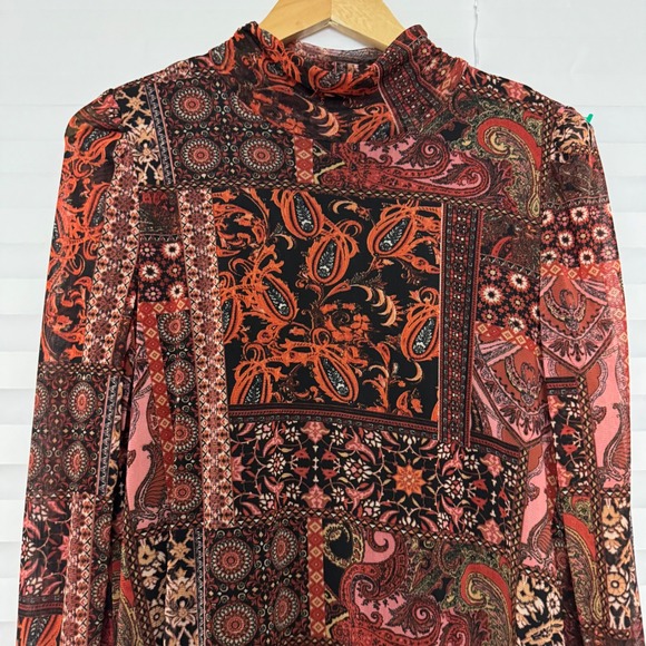 Jane + Delancey Tops - Jane + Delancey‎ Red Patchwork Paisley Mock Neck Mesh Lined Boho Top Large
